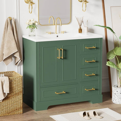 Elegant green bathroom furniture with solid wood frame and resin sink