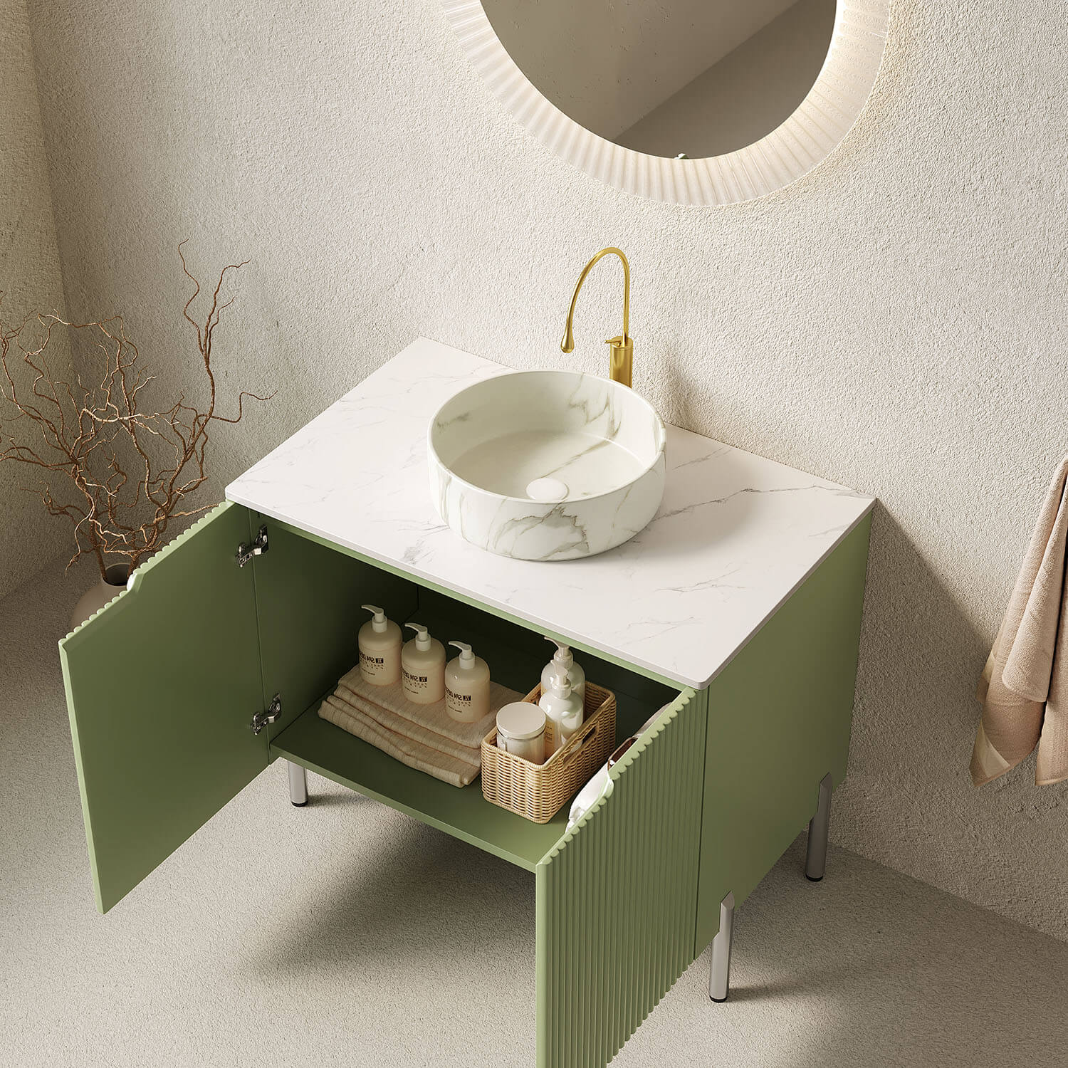 Elegant vertical lined double door vanity in green