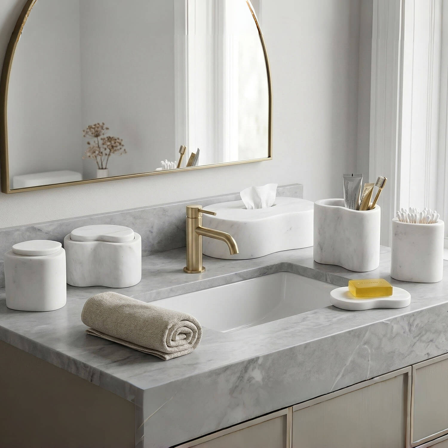 Elegant white marble bathroom accessories set for modern bathroom styling