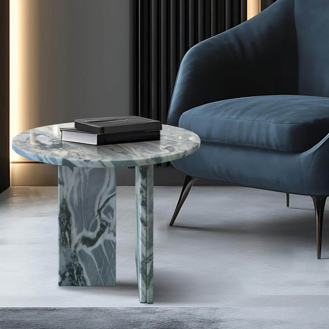 18" Modern Round Blue Natural Marble Side Table for Bathroom and Livingroom
