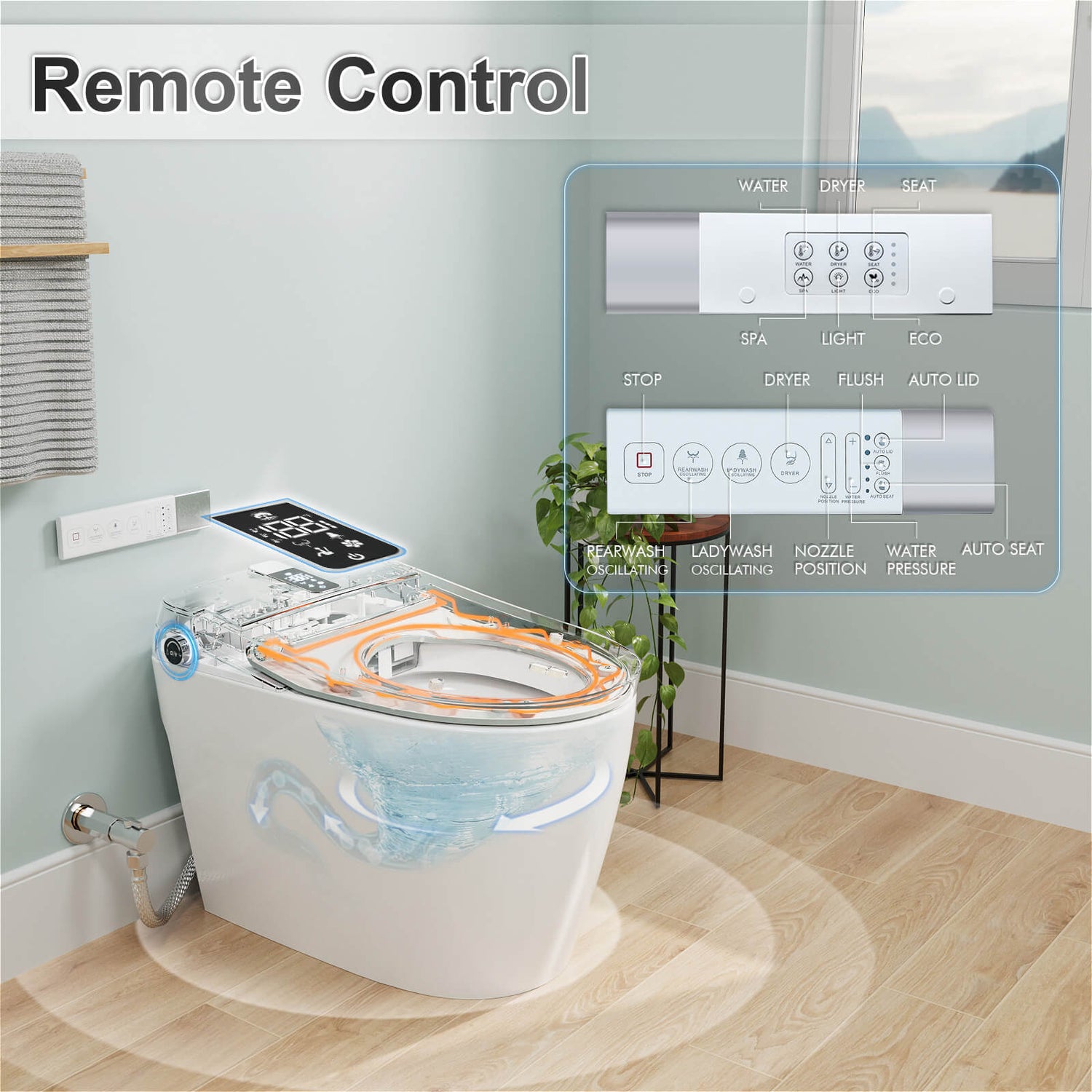 Elongated White Smart Bidet Toilet with remote control