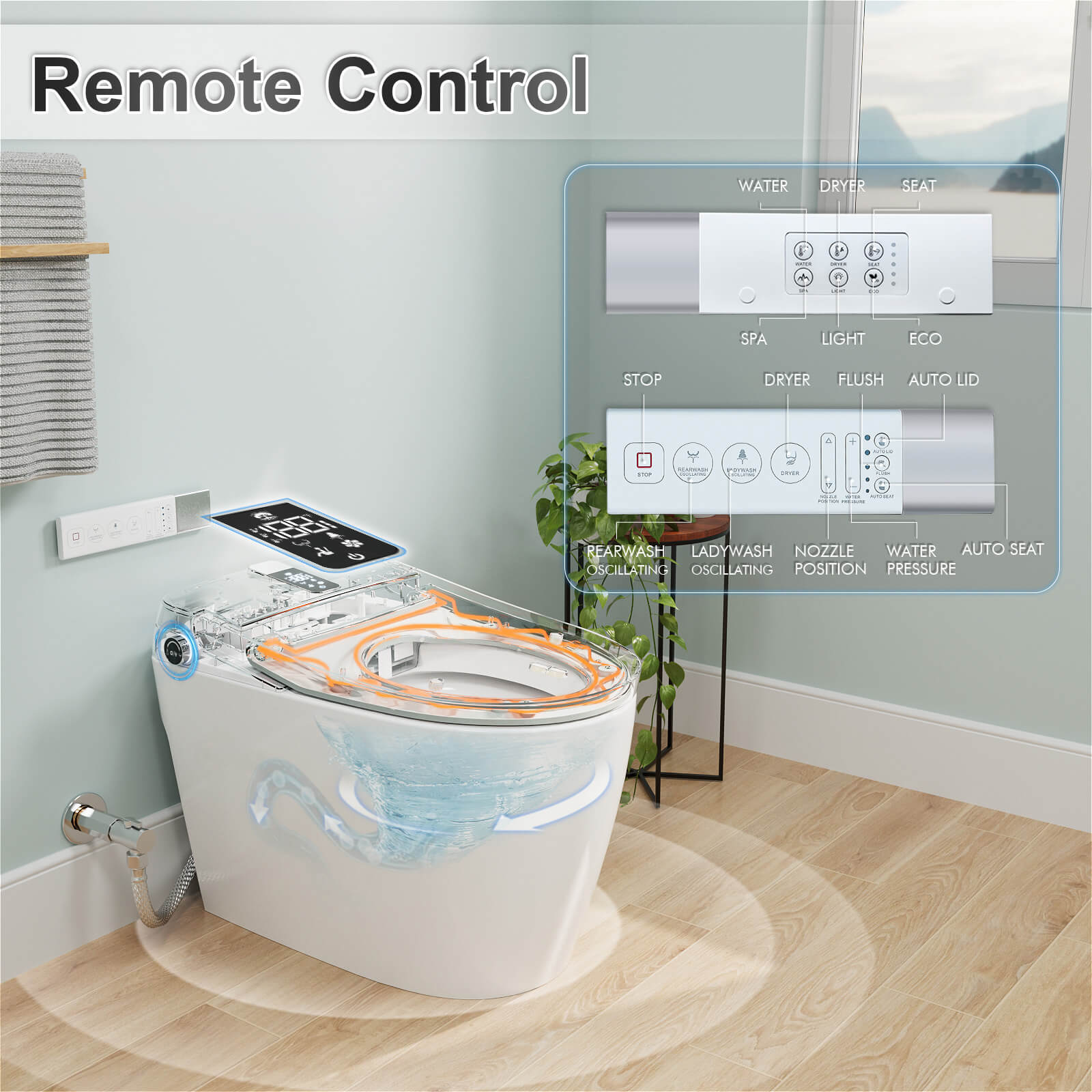 Elongated White Smart Bidet Toilet with remote control