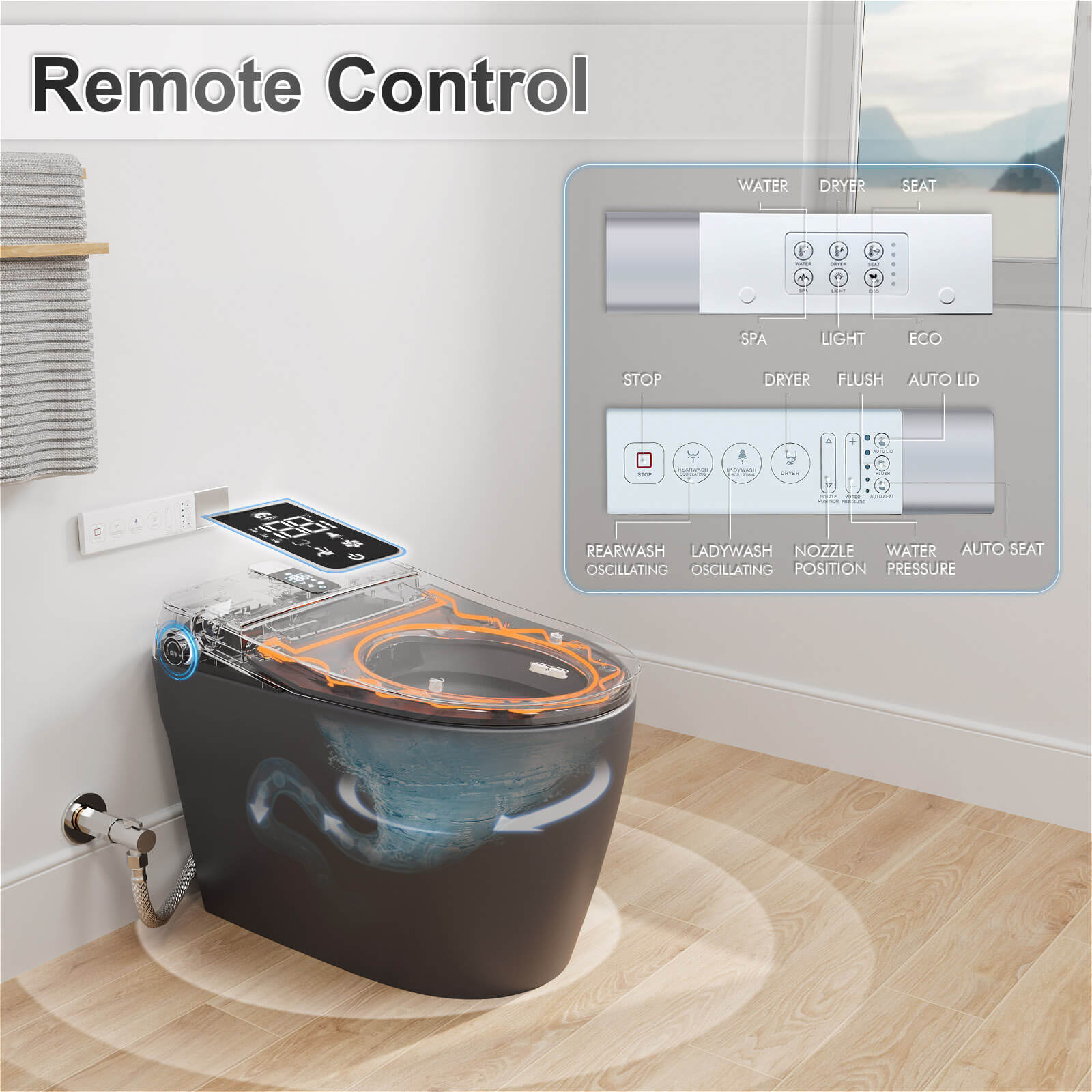 Elongated gray Smart Bidet Toilet with remote control