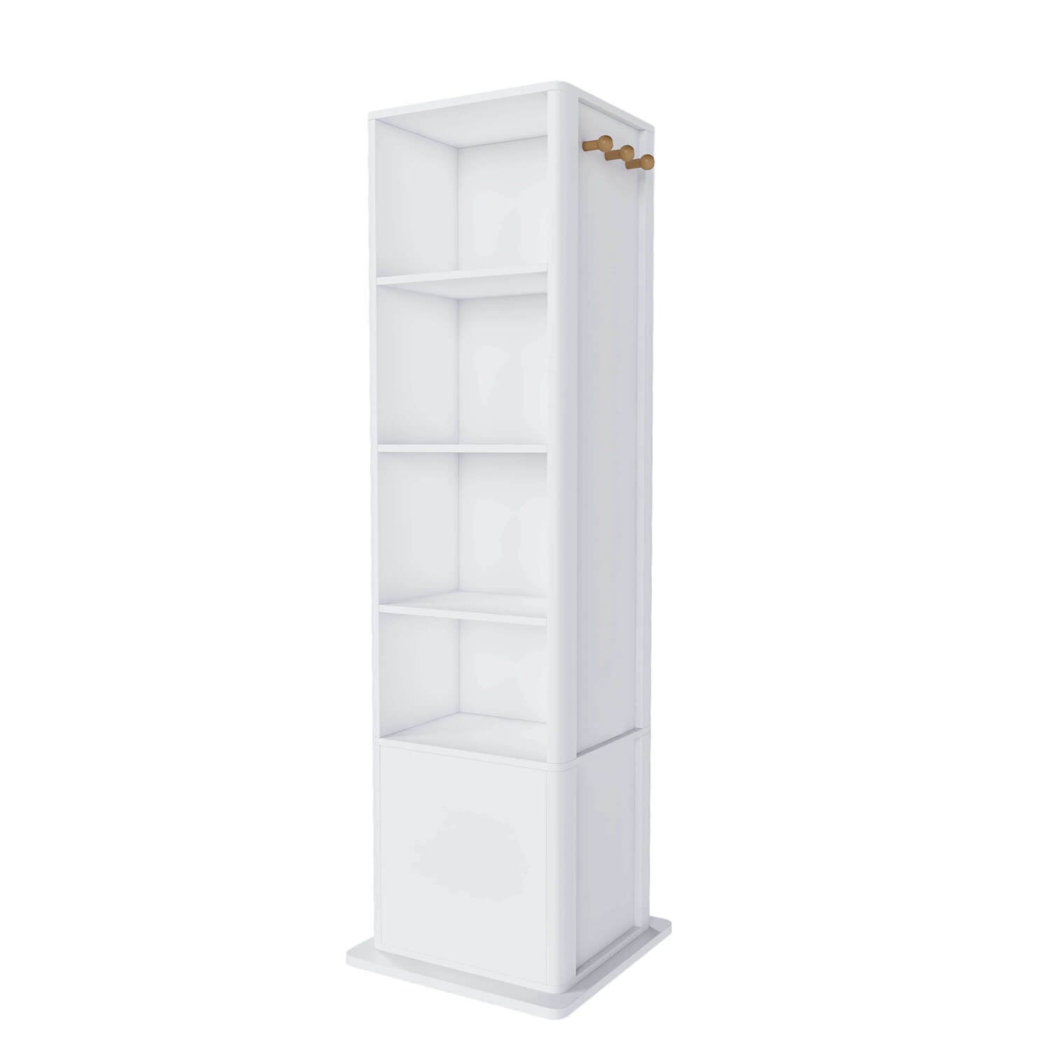 Empty back of white swivel mirror cabinet with multi tier shelves