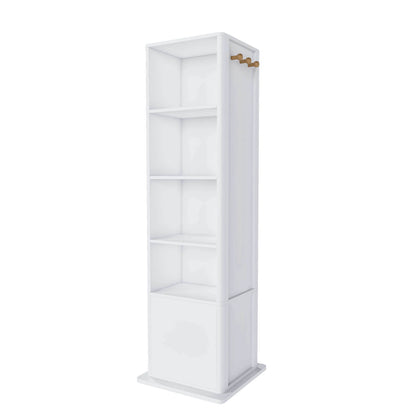 Empty back of white swivel mirror cabinet with multi tier shelves