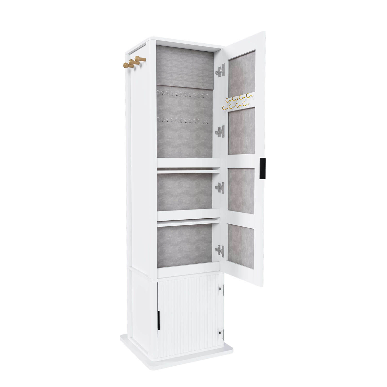 Empty open white swivel mirror cabinet with hooks and shelves