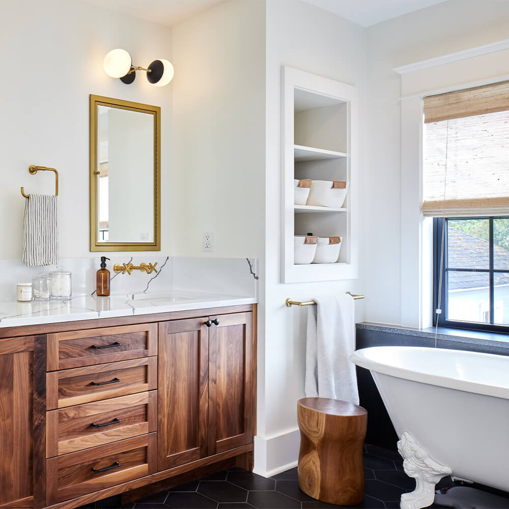Enhance the retro aesthetic with wooden bathroom cabinets