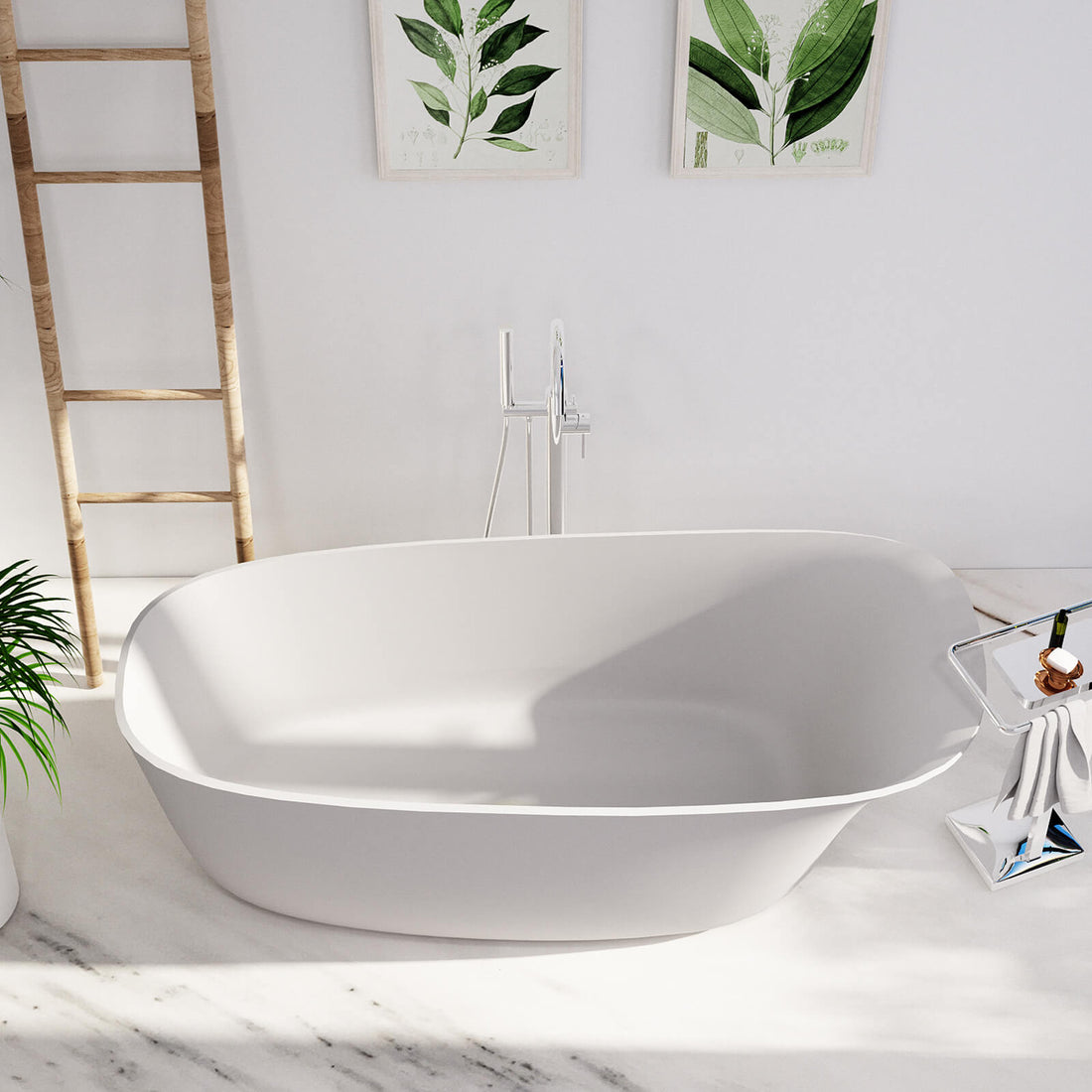 Ergonomic solid surface slipper bathtub in white finish