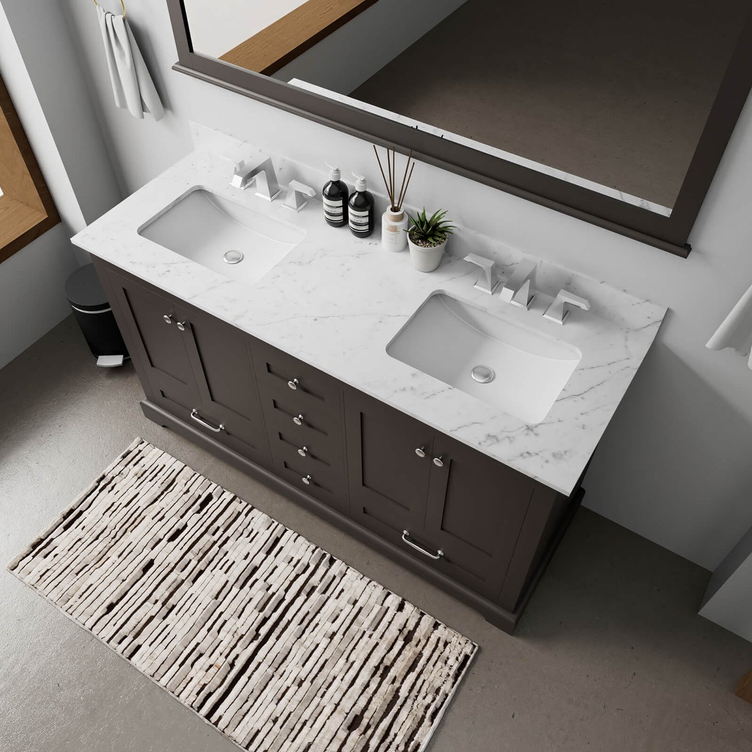 Espresso double sink vanity with soft close drawers and cabinet doors