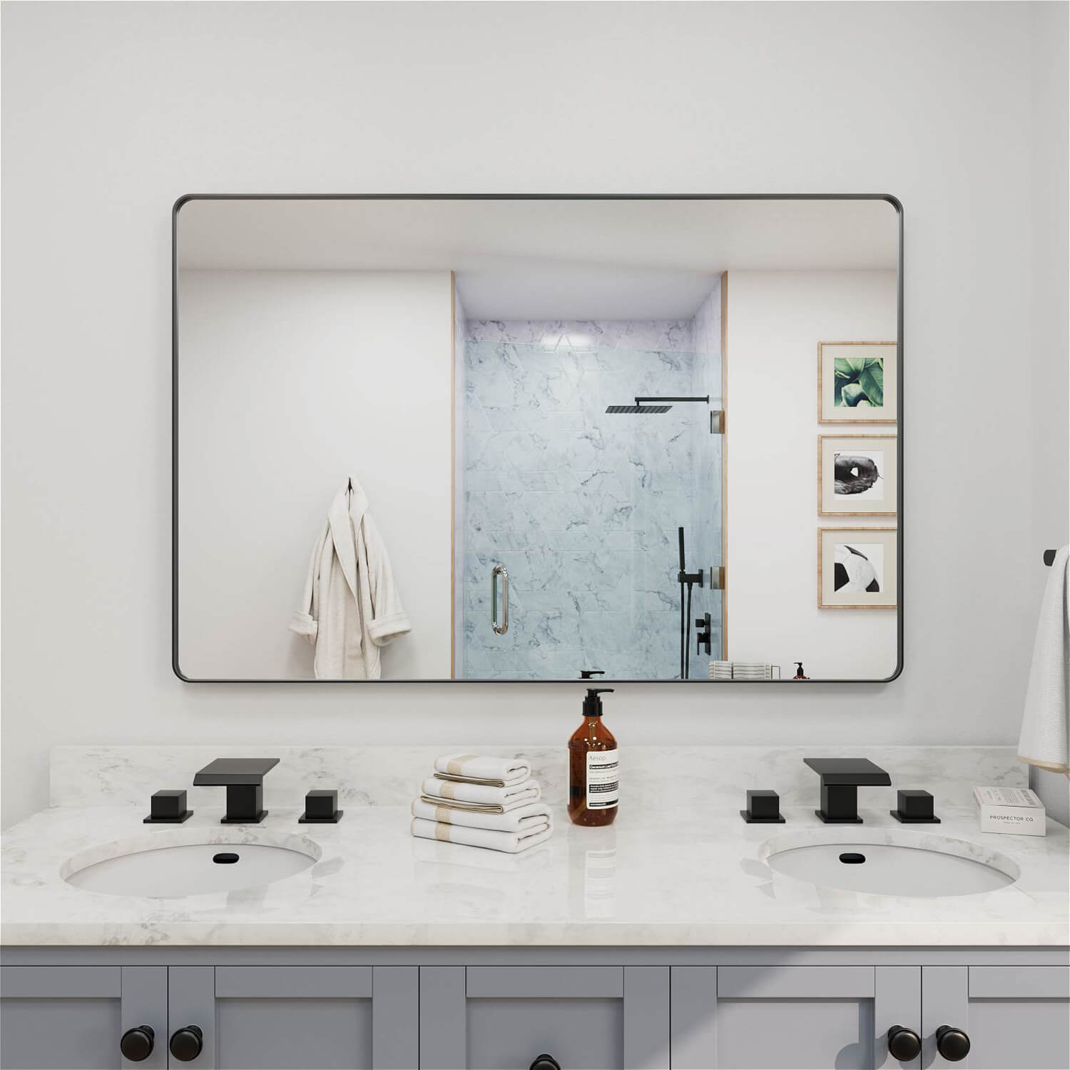 Extra wide black framed rectangular bathroom mirror for double sinks