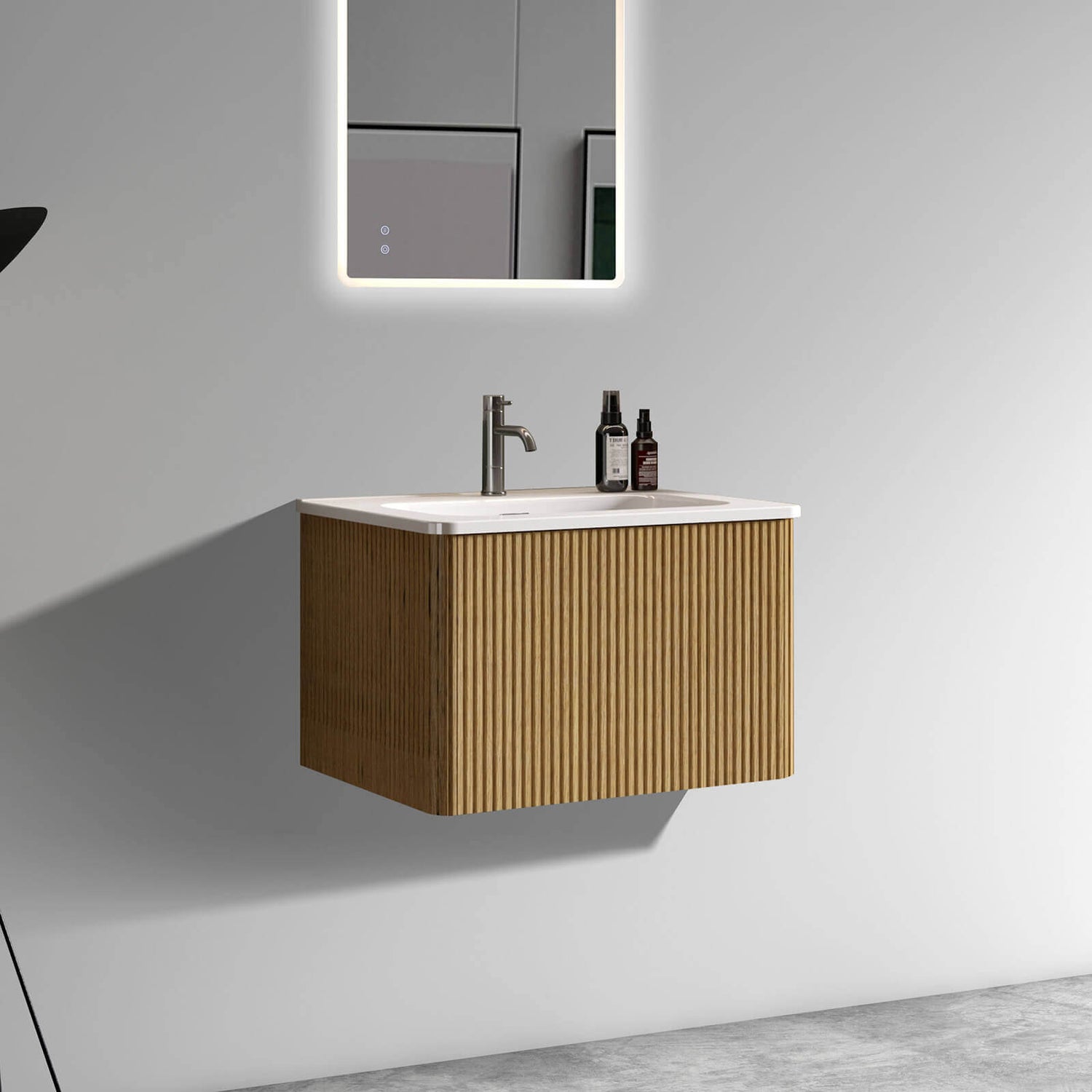 Family-friendly bathroom cabinet with rounded corners and ceramic sink