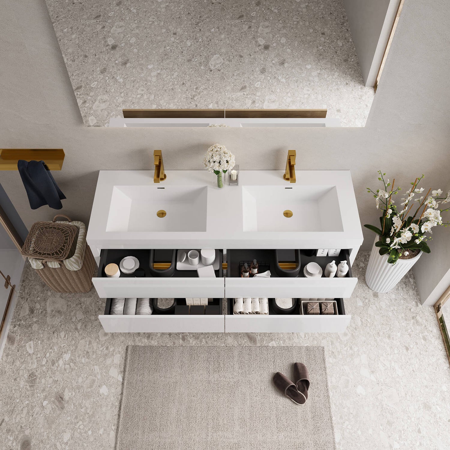 Floating 60 inch double sink vanity with gold accent design and ample storage