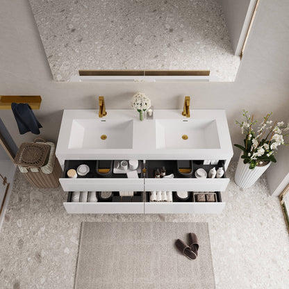 Floating 60 inch double sink vanity with gold accent design and ample storage