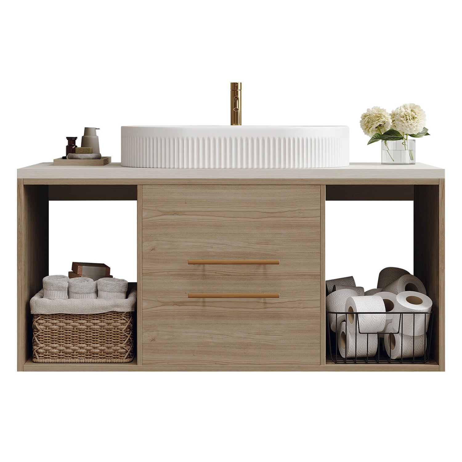 Floating bathroom cabinet in oak wood tone