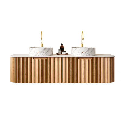 Floating bathroom vanity with dual ceramic sinks and marble countertop