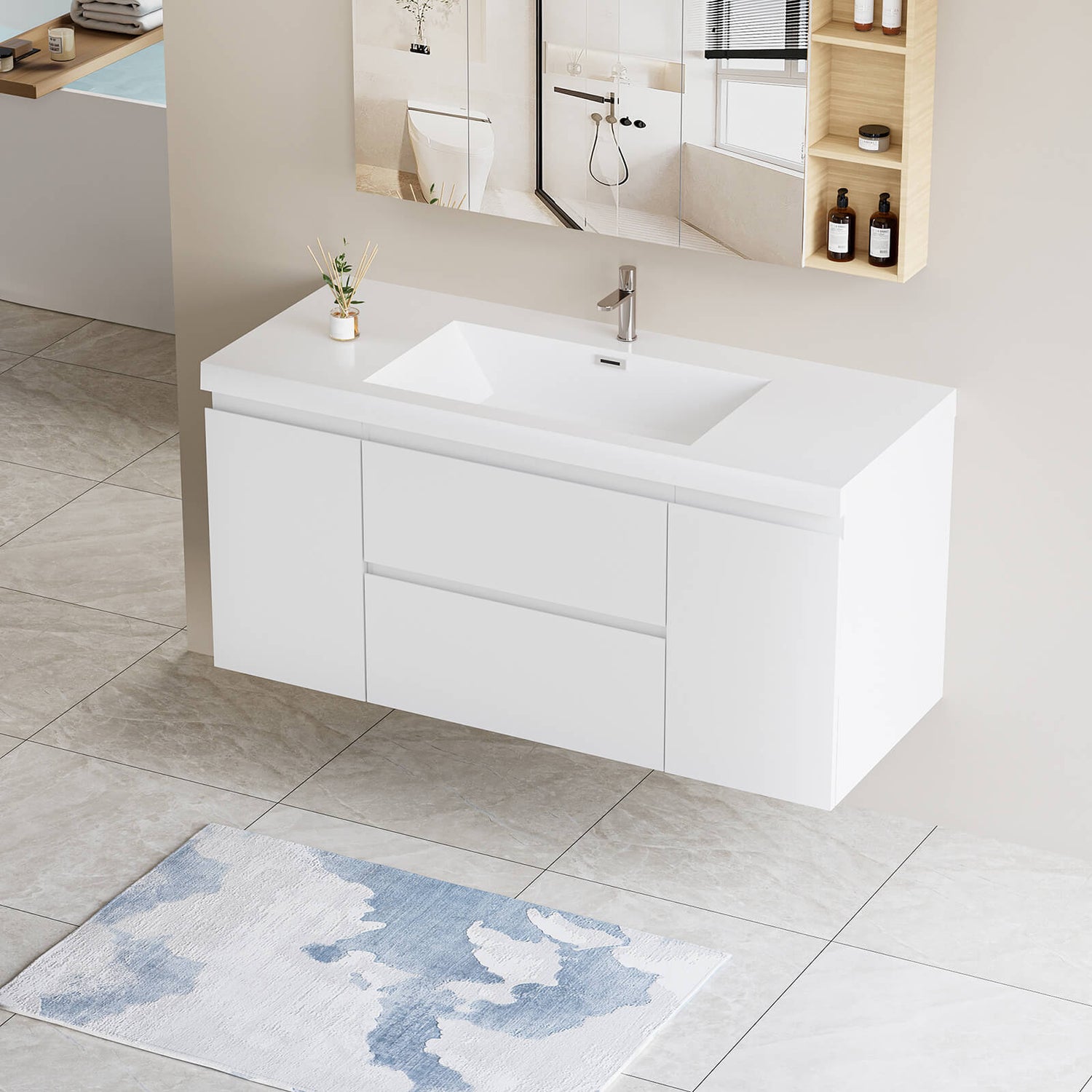 Floating bathroom vanity with waterproof coated wood construction