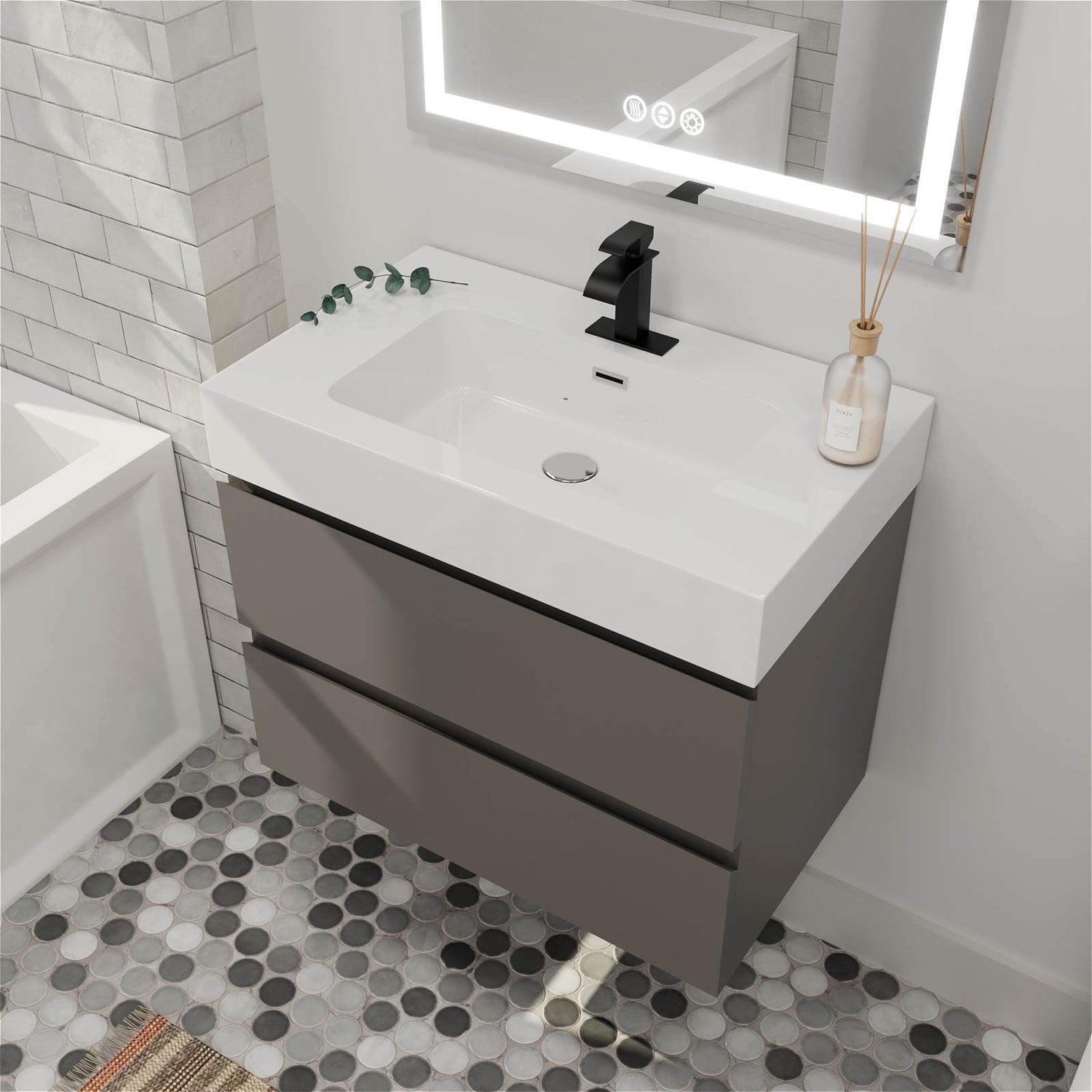 Floating gray vanity unit with pre drilled single hole sink