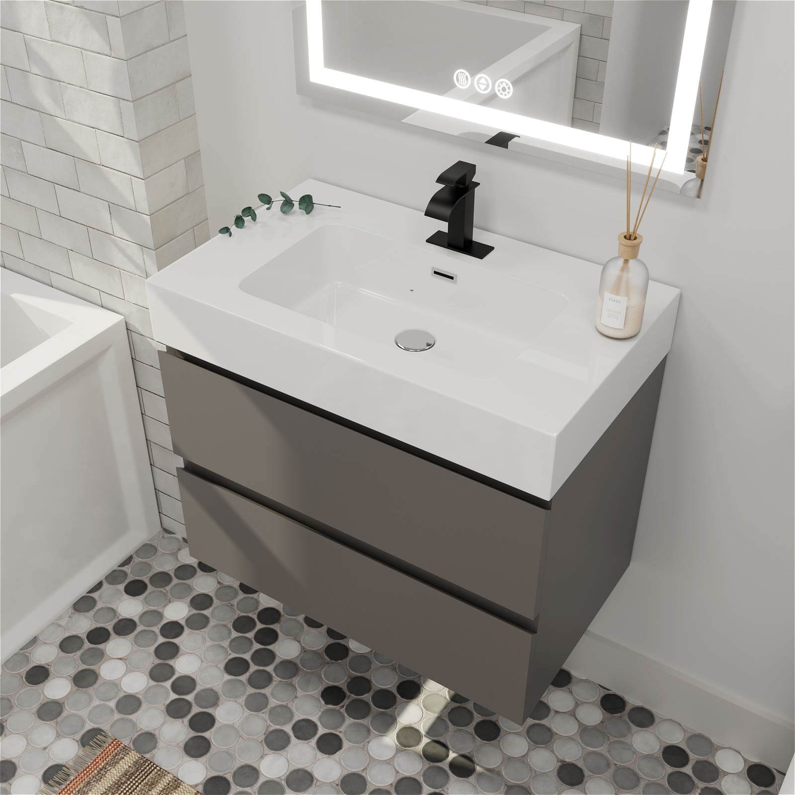 Floating gray vanity unit with pre drilled single hole sink