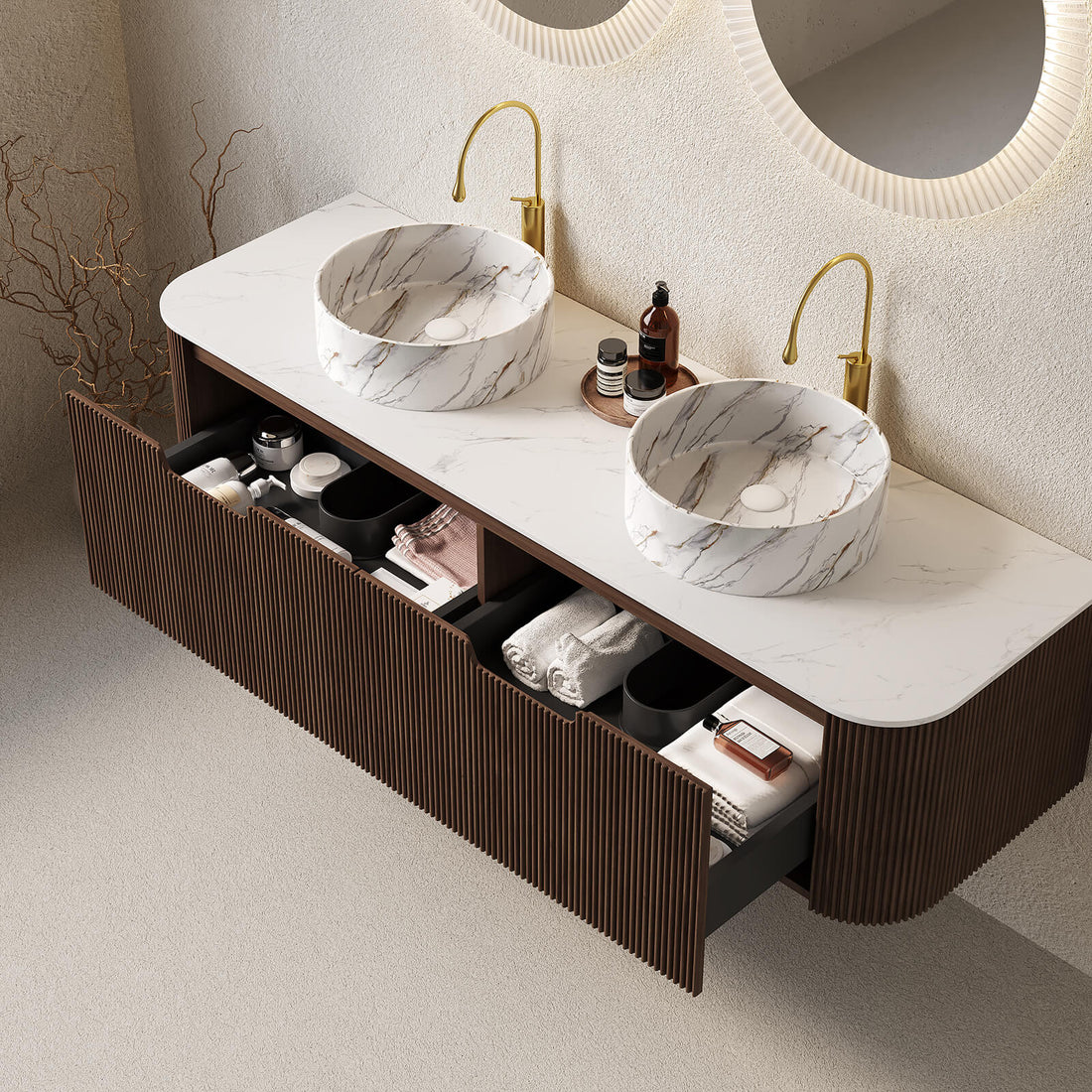 Floating wall mounted bathroom vanity with deep drawers