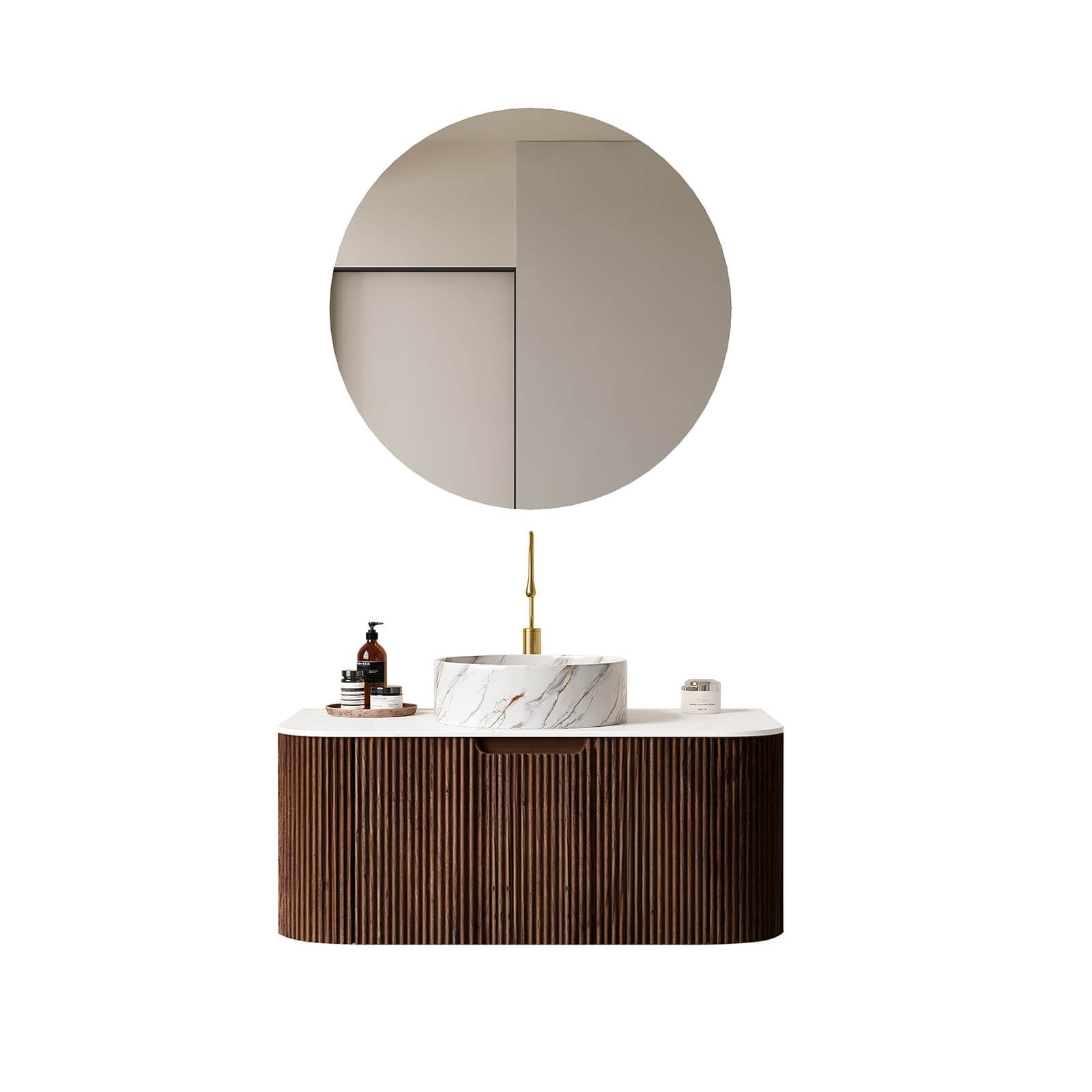 36" Walnut Bathroom Vanity with Stone-Veined Vessel Sink
