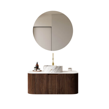 Floating walnut vanity with modern vessel sink for small bathrooms