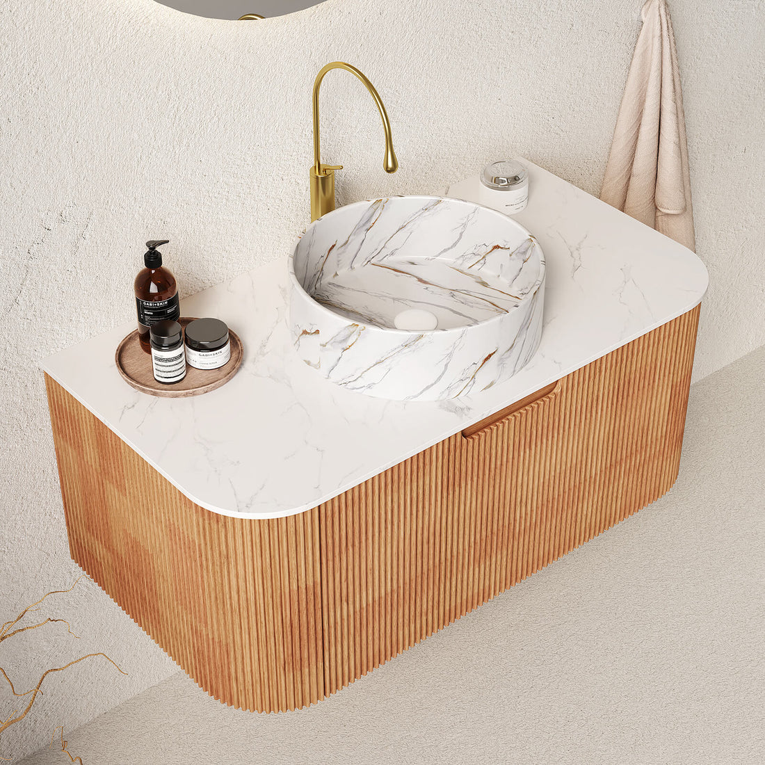 Floating white oak vanity with modern ceramic vessel basin