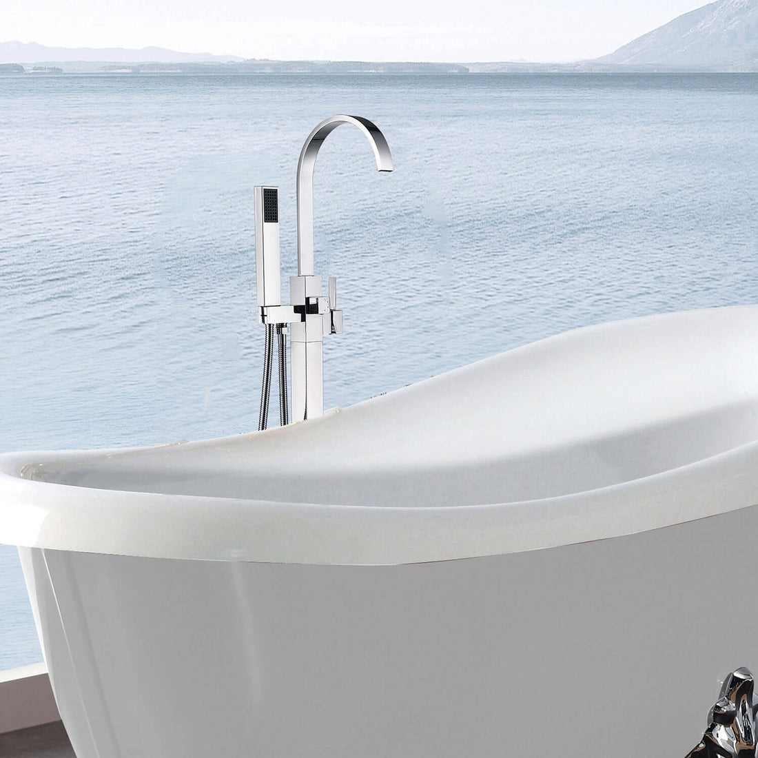 Floor Mounted Tub Faucet Single Handle Swivel Spout Bathtub Filler with Hand Shower