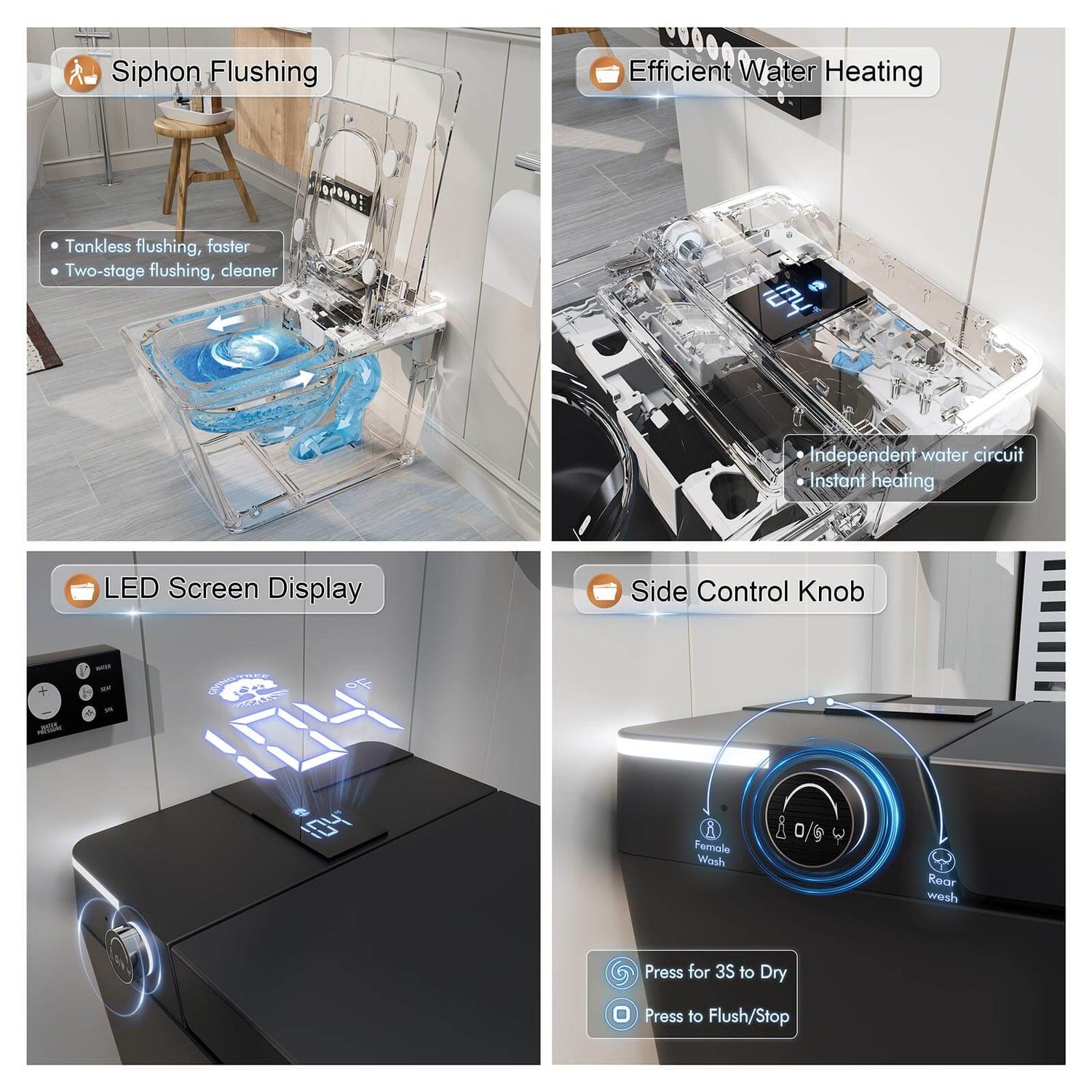 Floor Mounted Square Smart Toilet with LED Display