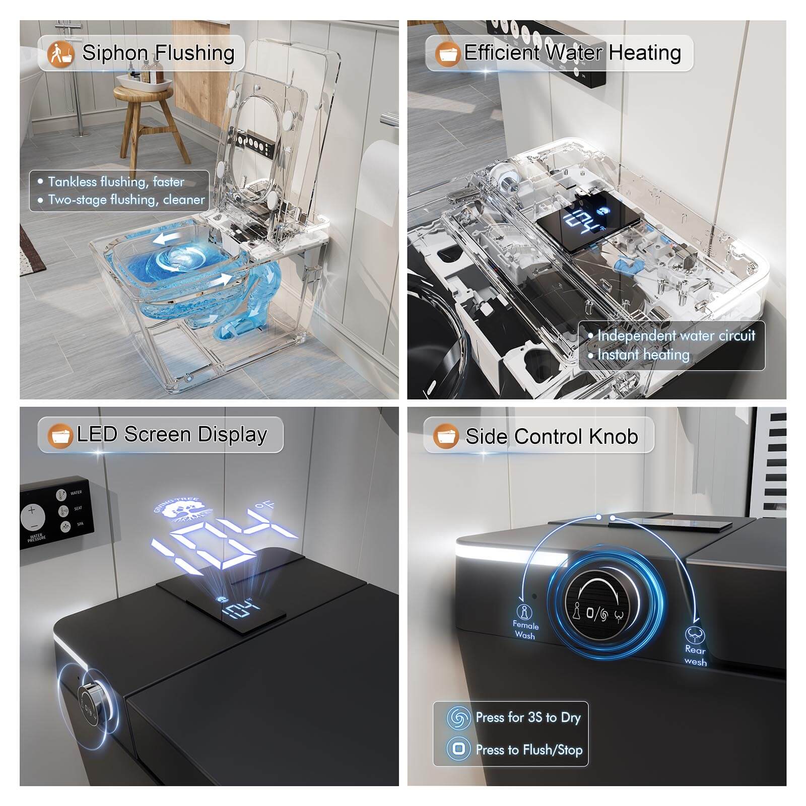 Floor Mounted Square Smart Toilet with LED Display