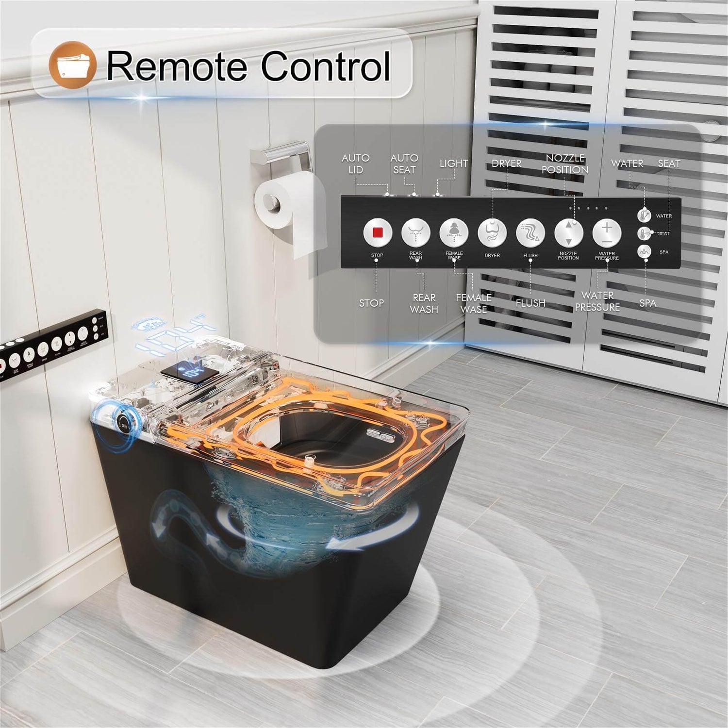 Floor Mounted Square Smart Toilet with Remote Control and LED Display