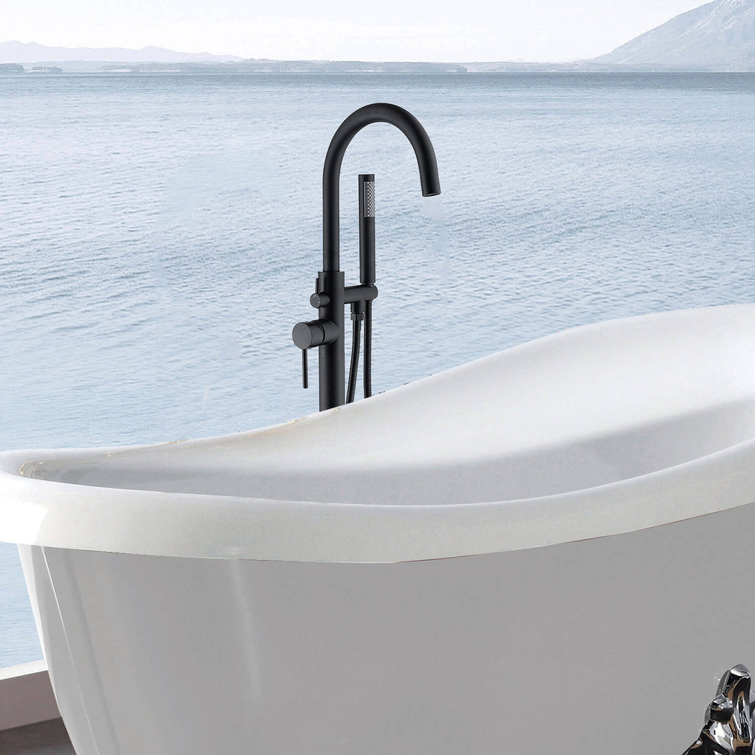 Floor mount tub filler matte black with hand shower and hose