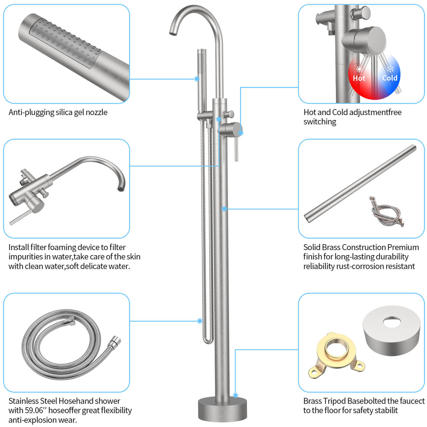 Floor standing bathtub faucet with flexible hose and hand shower