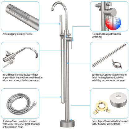 Floor standing bathtub faucet with flexible hose and hand shower