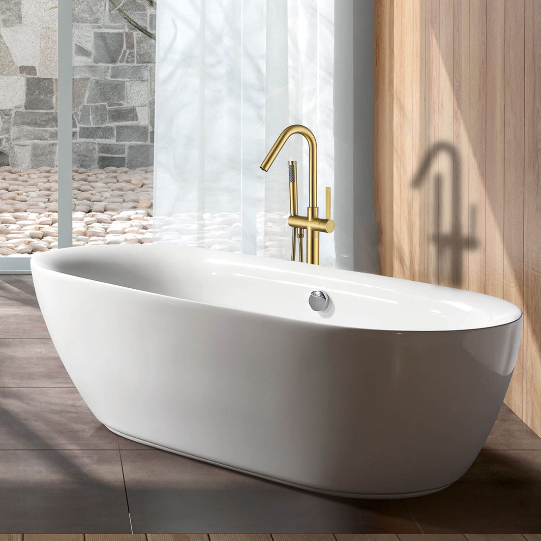Floor standing gold tub filler with hand shower set