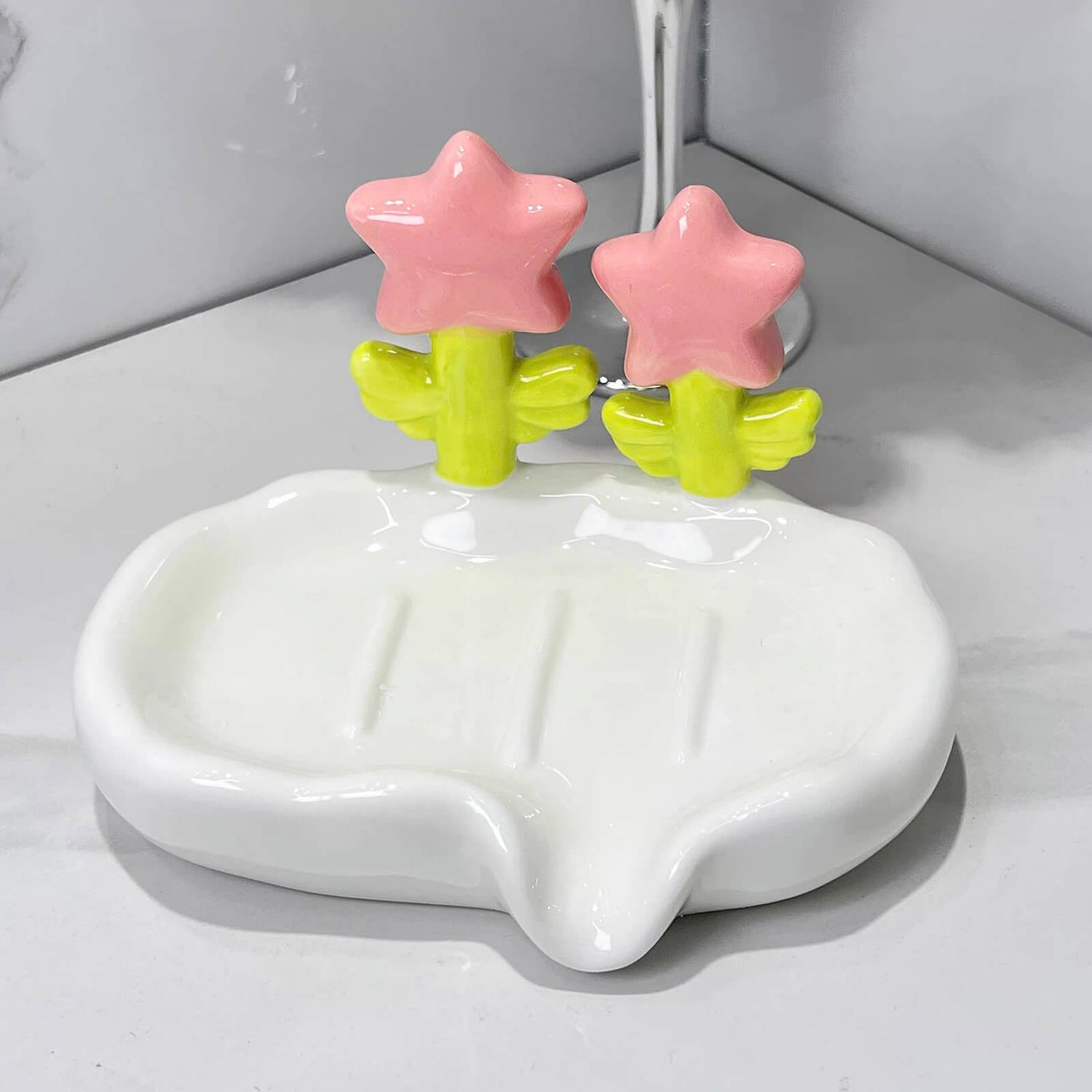Ceramic Flower Shaped Soaps Dish holder with Self Draining Soap Dish for Shower Bathroom