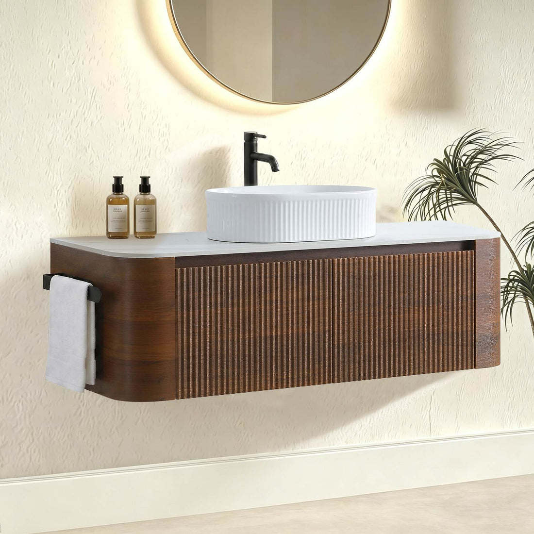 Fluted Design Walnut Wall Mounted Bathroom Cabinet Scene Setup