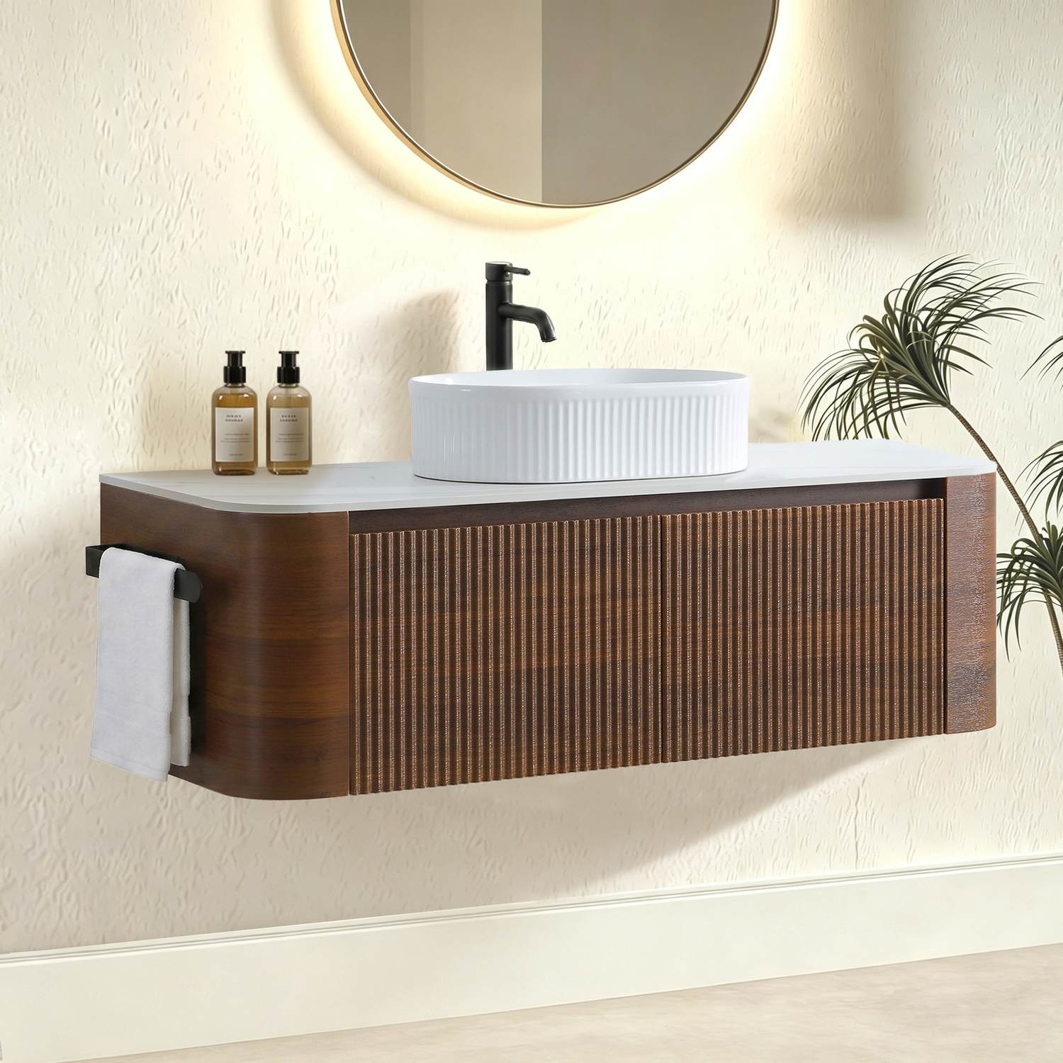 Fluted Design Walnut Wall Mounted Bathroom Cabinet Scene Setup