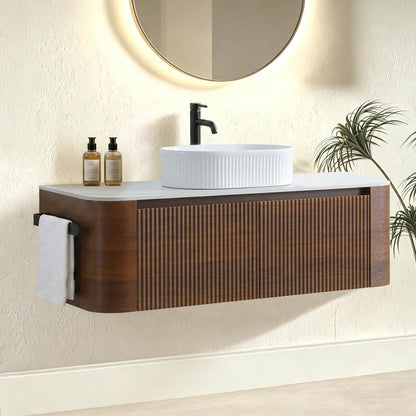 Fluted Design Walnut Wall Mounted Bathroom Cabinet Scene Setup