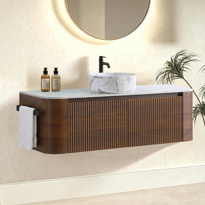 Fluted Design Walnut Wall Mounted Bathroom Cabinet Towel Rack Scene Setup