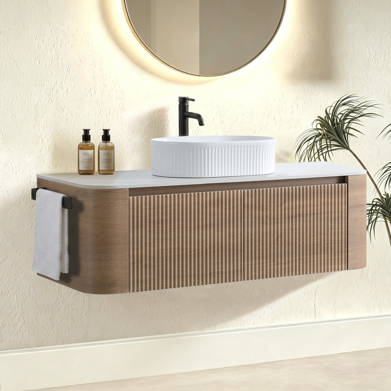 Fluted Design White Oak Wall Mounted Bathroom Cabinet Scene Setup