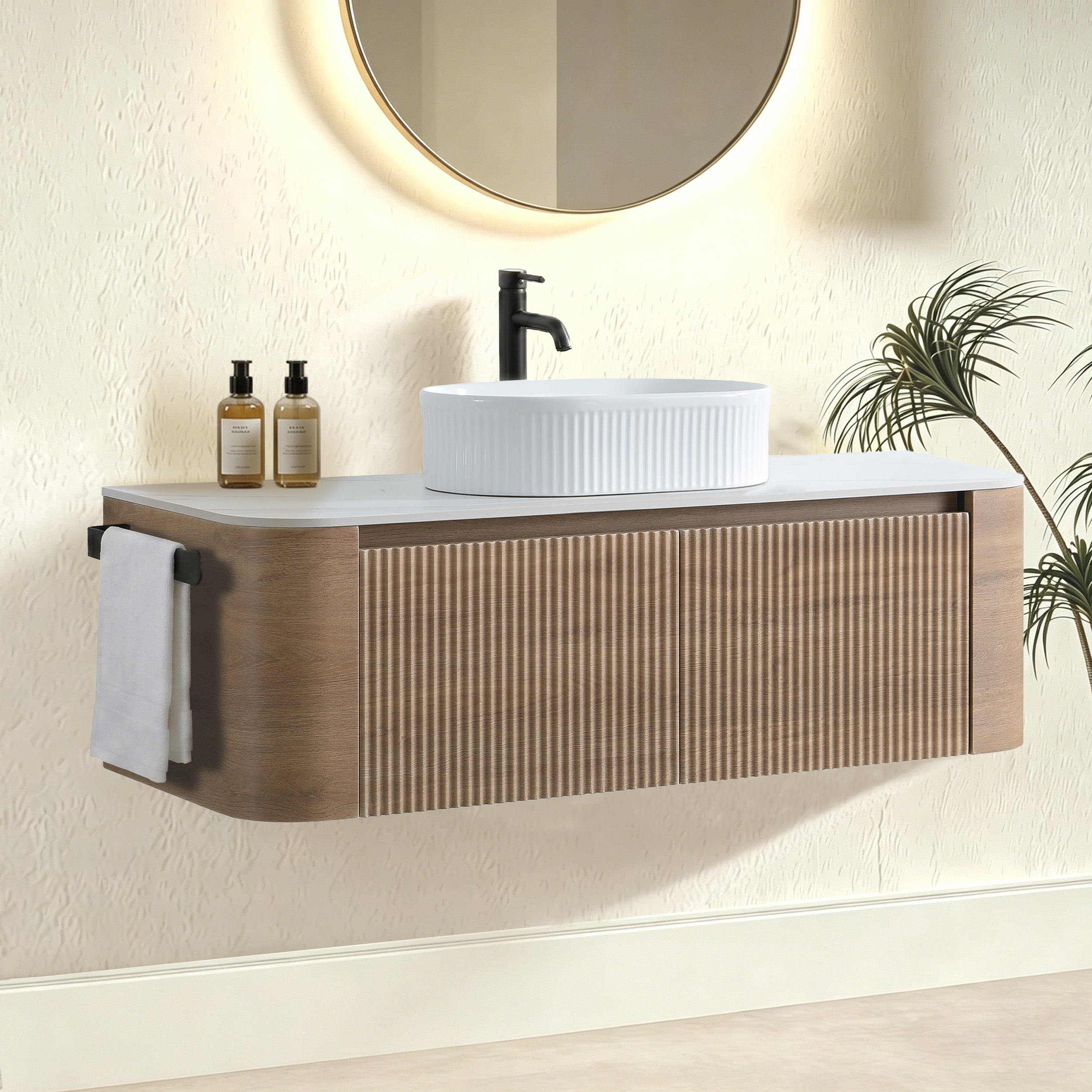 Fluted Design White Oak Wall Mounted Bathroom Cabinet Scene Setup
