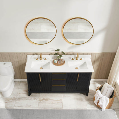 Fluted bathroom vanity with brushed gold hardware and double sinks