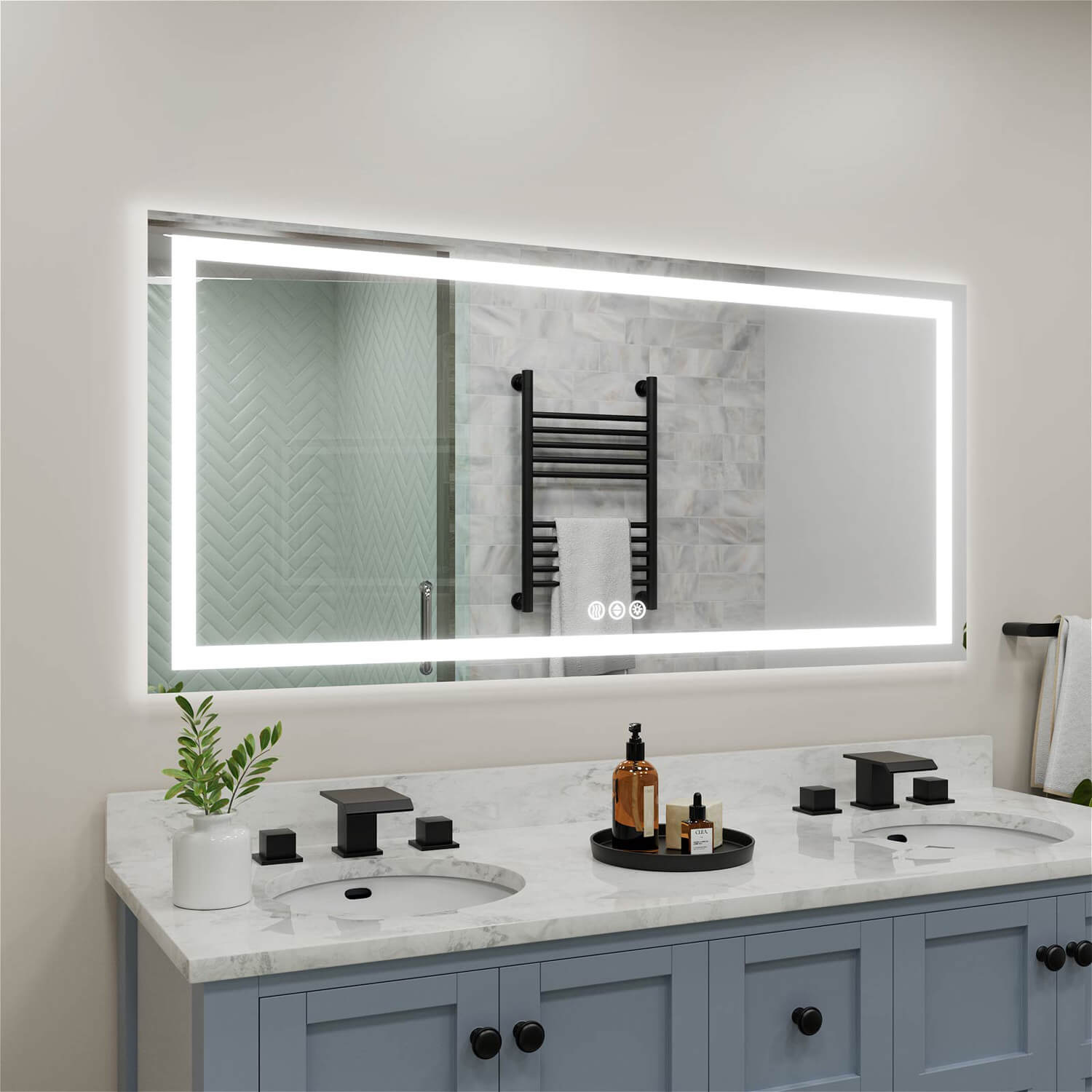 Frameless LED bathroom mirror with anti-fog function and touch control buttons at the bottom right