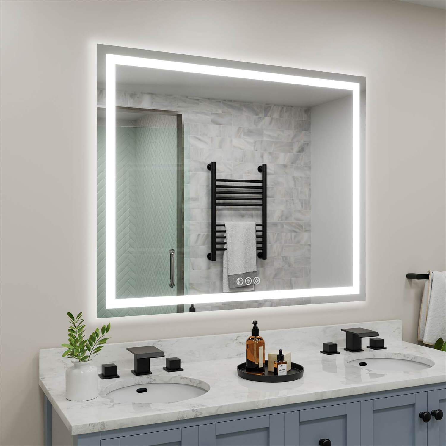 Frameless LED bathroom mirror with anti-fog function and touch operation at the bottom right
