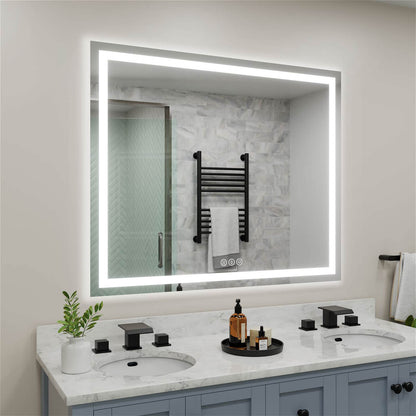 Frameless LED bathroom mirror with anti-fog function and touch operation at the bottom right