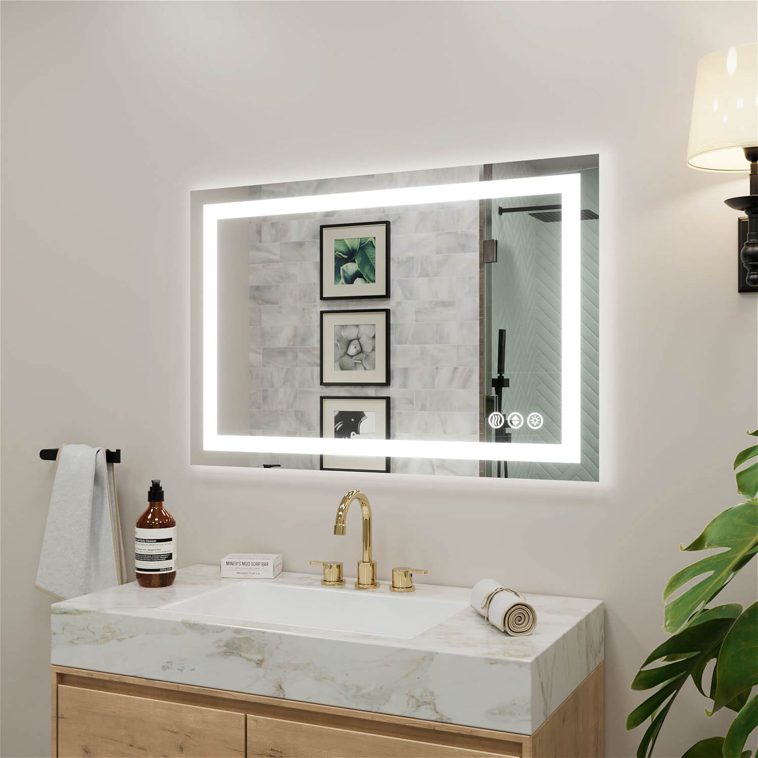 Frameless LED bathroom mirror with bright perimeter lighting and touch operation