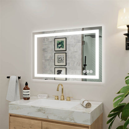 Frameless LED bathroom mirror with bright perimeter lighting and touch operation