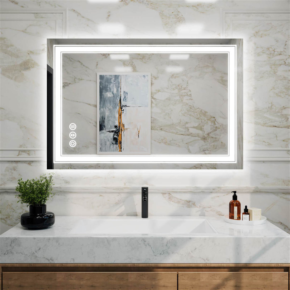 Frameless rectangular LED bathroom mirror with double light strip and left-side touch controls