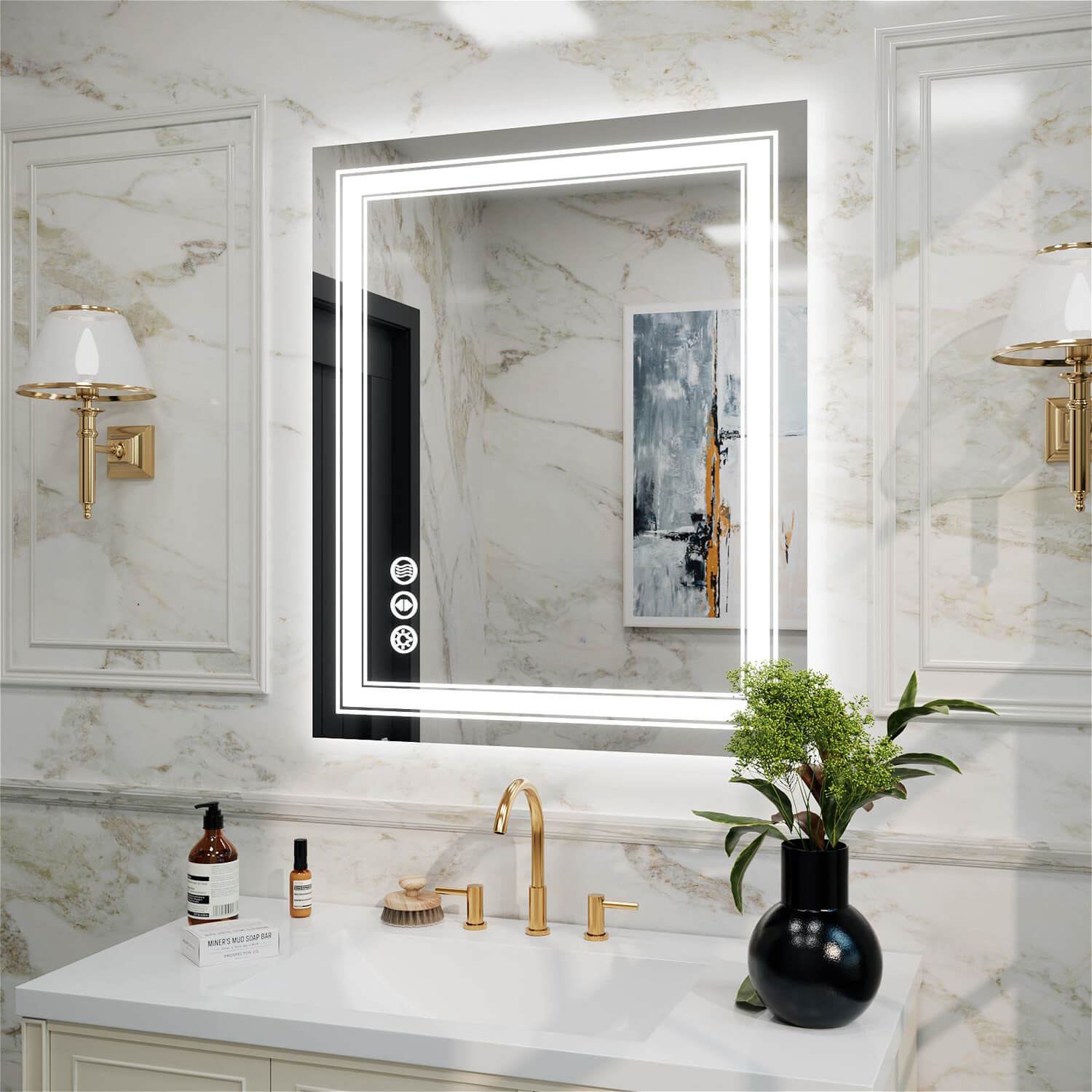 Frameless rectangular LED vanity mirror with double LED halos and rapid defog feature