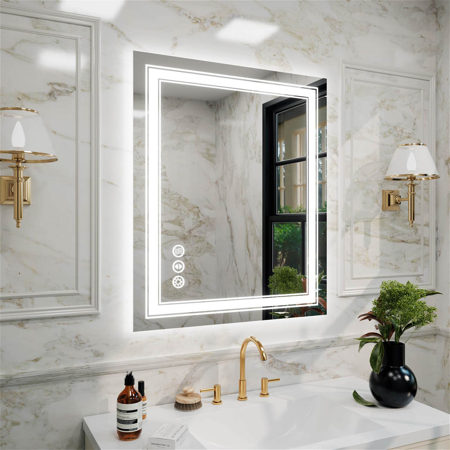 Frameless rectangular LED vanity mirror with double LED halos and stepless dimming
